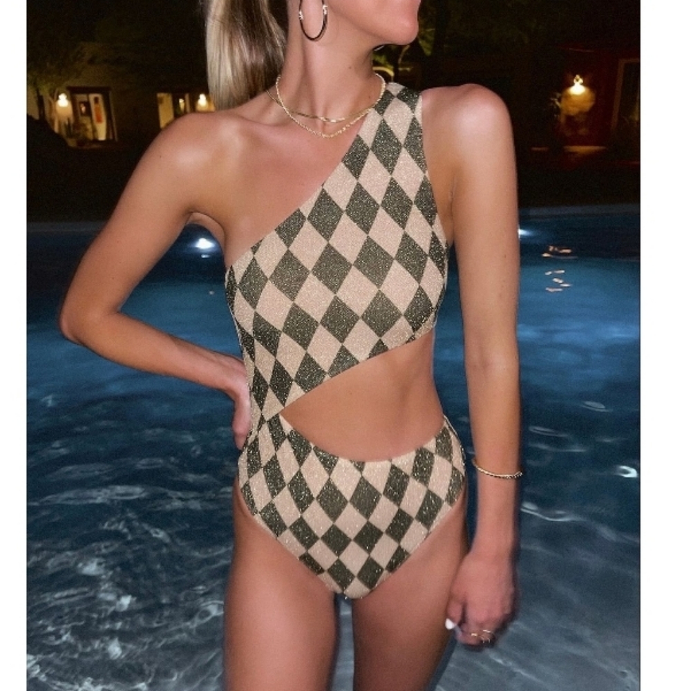 Beach Riot Black and Tan One Shoulder One Piece